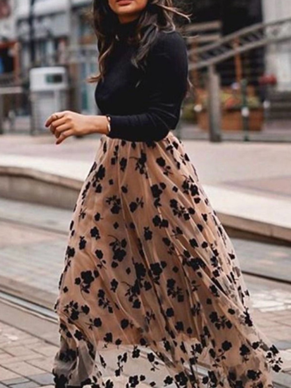 Chicwish Beige Maxi Skirt with Black Floral Pattern